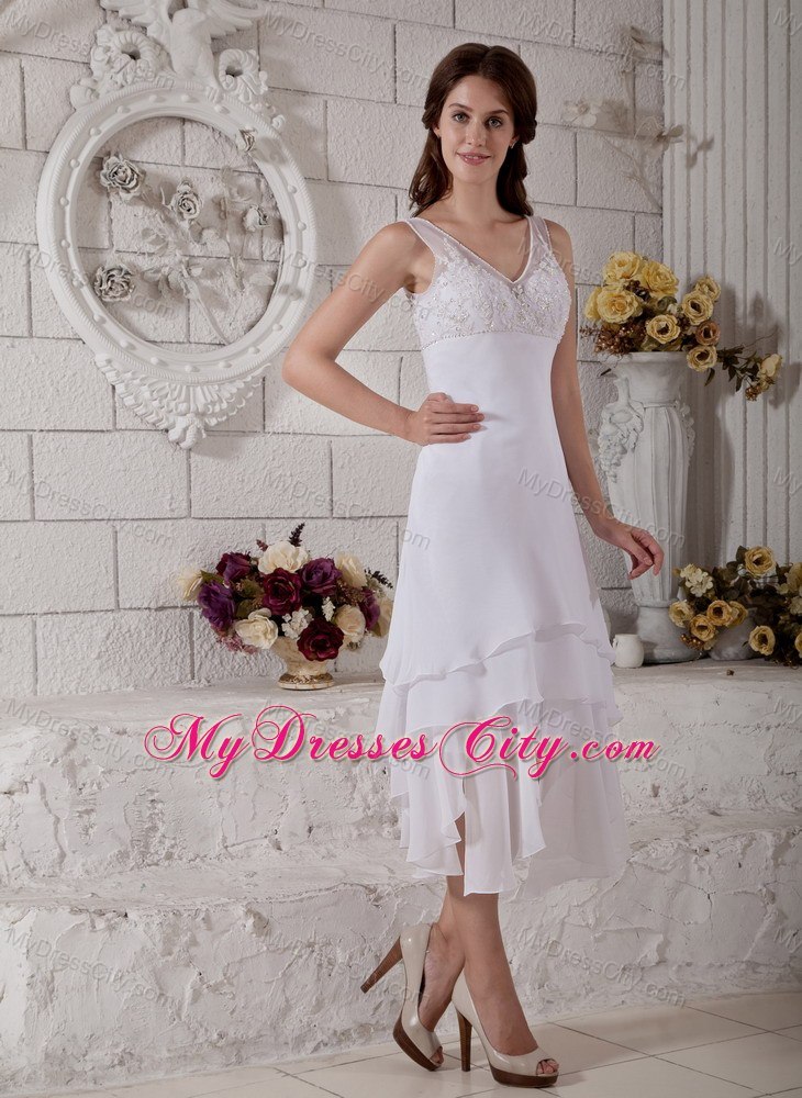 Transparent V-neck Asymmetrical Tiers Tea-length Embroidery Wedding Dresses