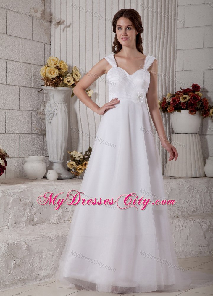 Straps Sweep Train Hand Made Flower Bowknot Wedding Dress with Button Down Back