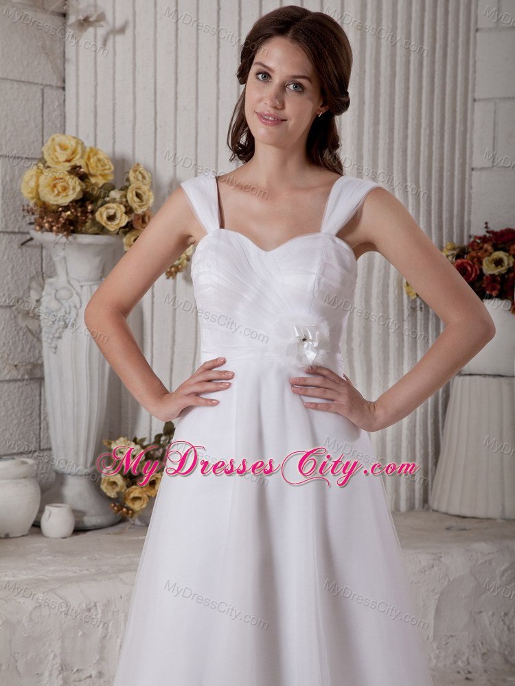 Straps Sweep Train Hand Made Flower Bowknot Wedding Dress with Button Down Back