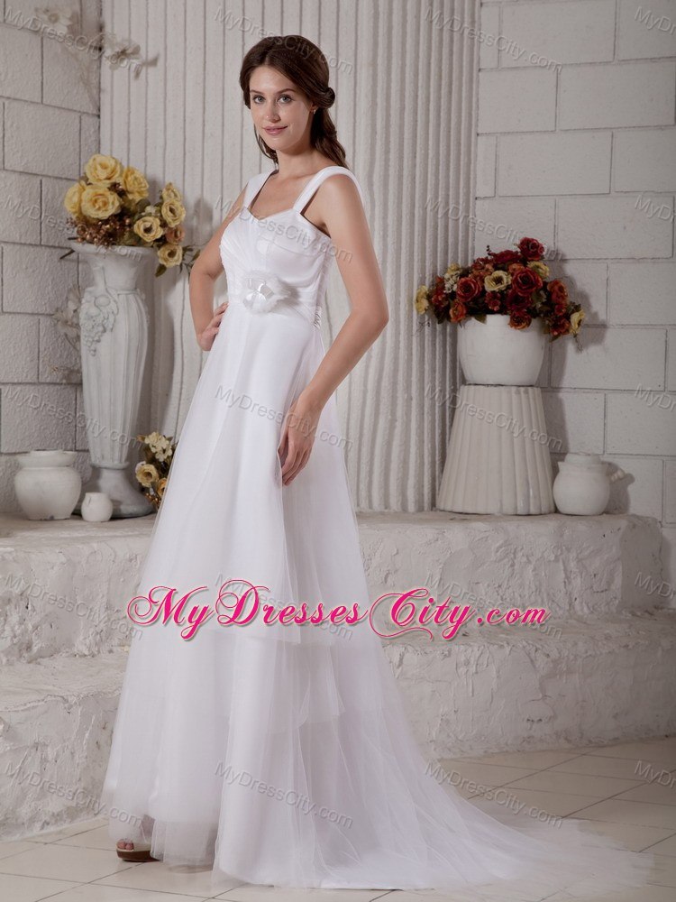 Straps Sweep Train Hand Made Flower Bowknot Wedding Dress with Button Down Back