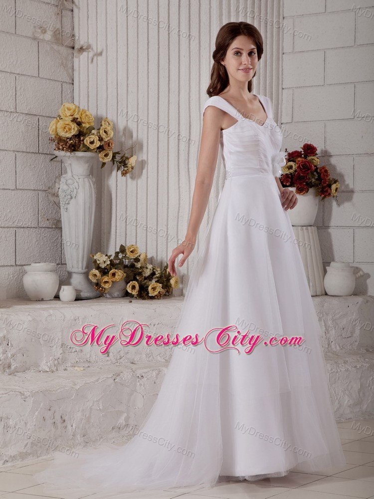 Straps Sweep Train Hand Made Flower Bowknot Wedding Dress with Button Down Back