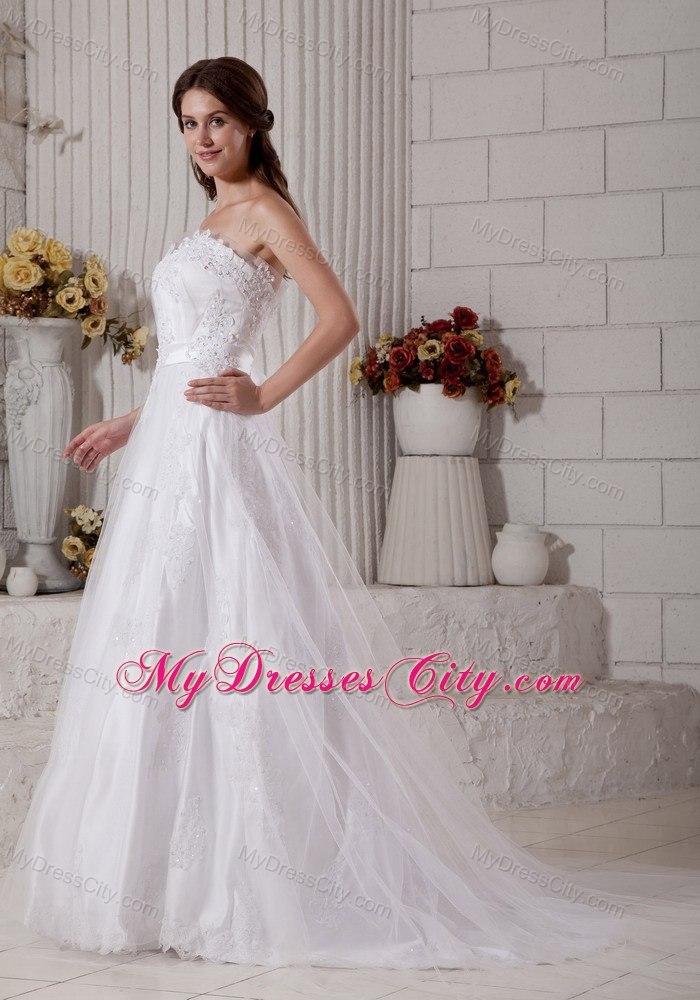 Sweetheart Beading Appliques Brush Train Bridal Dresses with Bowknot Back