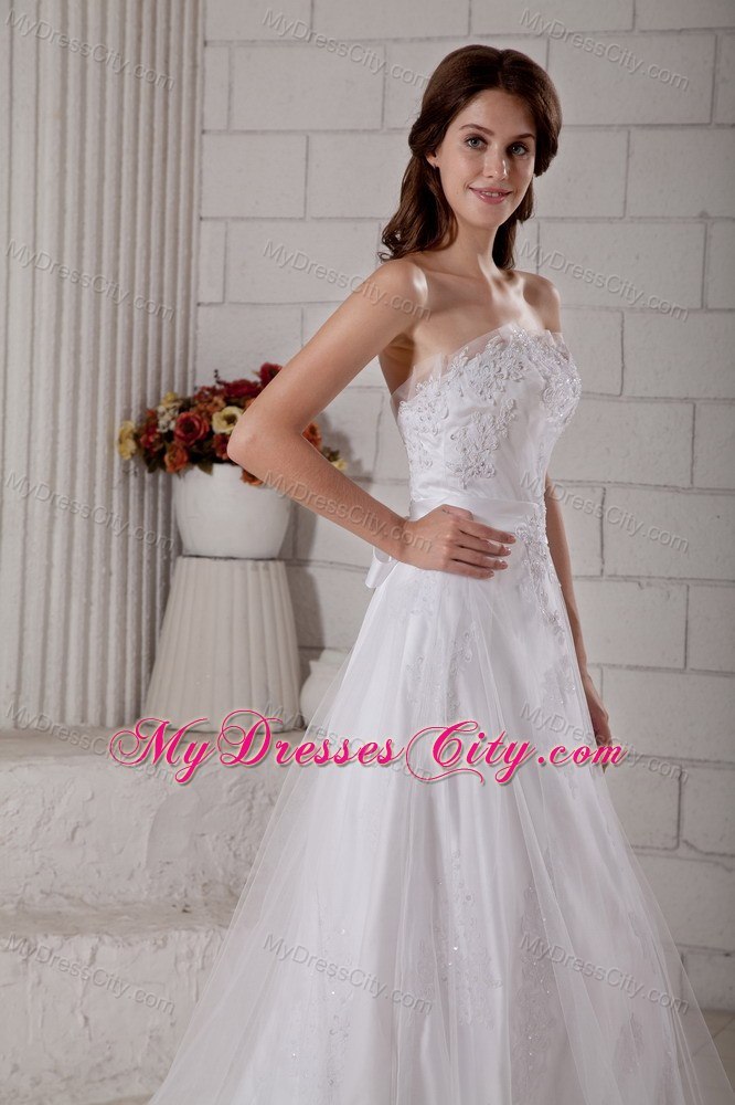 Sweetheart Beading Appliques Brush Train Bridal Dresses with Bowknot Back