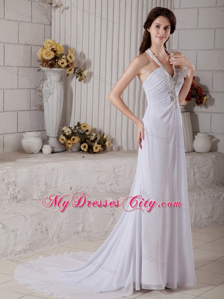 Beading Halter Top Ruching Wedding Dress with The Back Covered