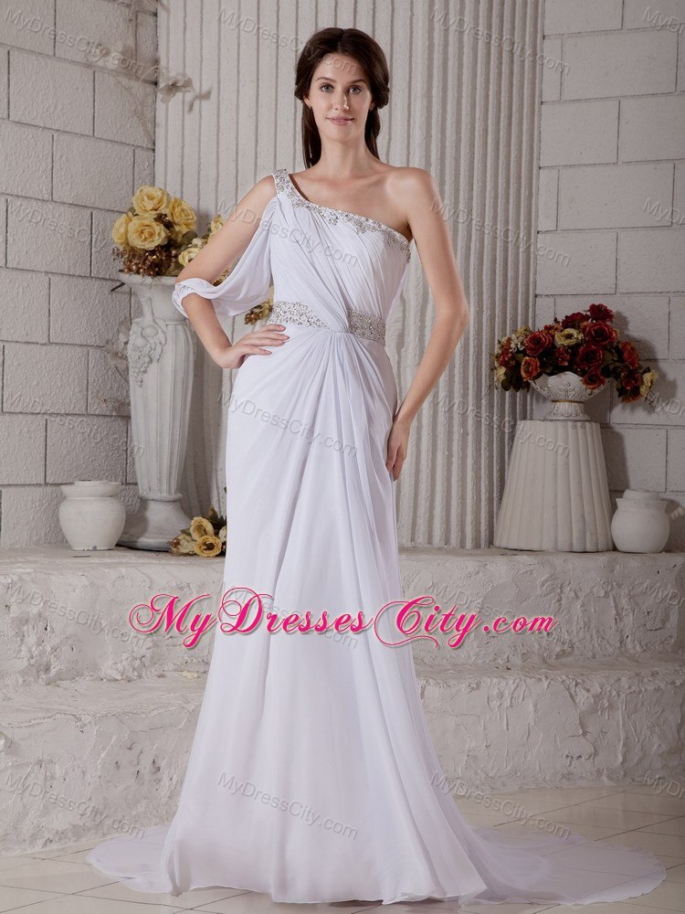 Cool One Shoulder Court Train Beading Wedding Gown with Sash