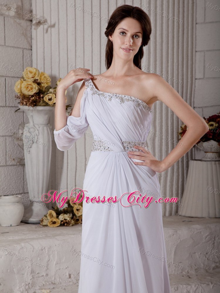 Cool One Shoulder Court Train Beading Wedding Gown with Sash