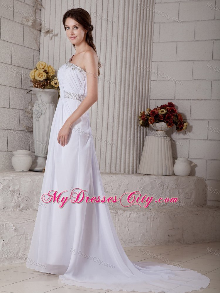 Cool One Shoulder Court Train Beading Wedding Gown with Sash