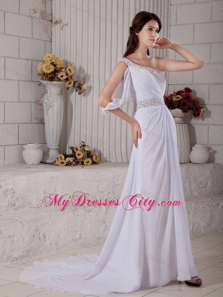 Cool One Shoulder Court Train Beading Wedding Gown with Sash