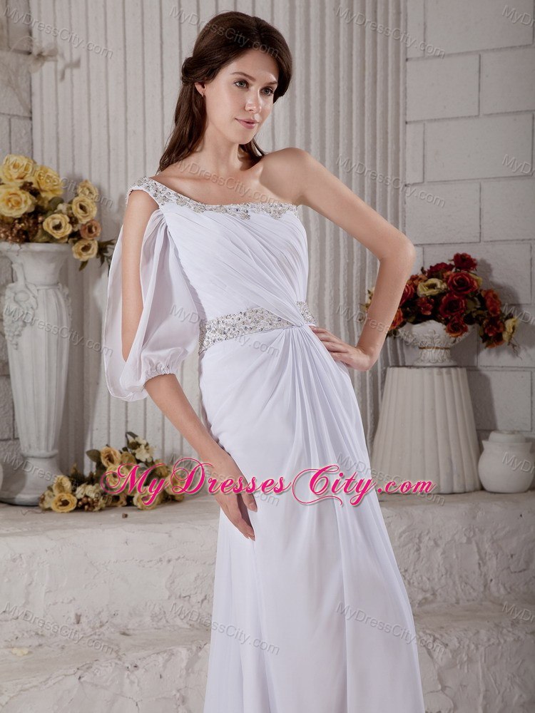 Cool One Shoulder Court Train Beading Wedding Gown with Sash