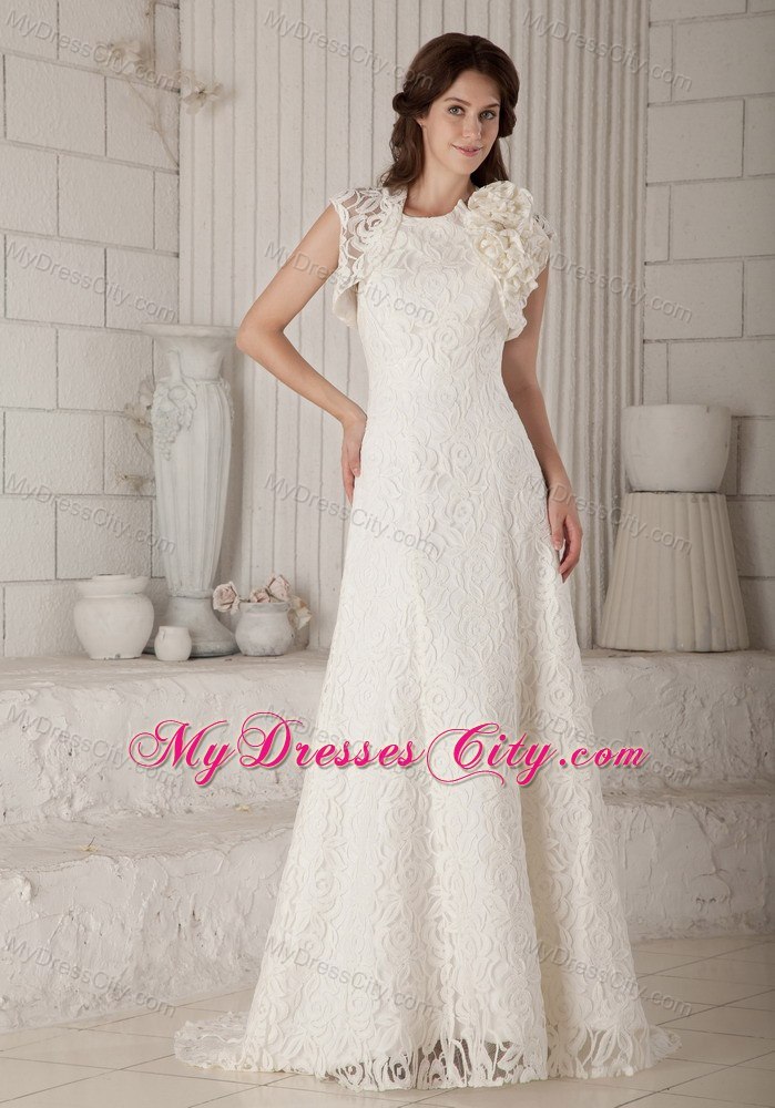 Lace Flowers Column Brush Train Wedding Gowns with Unique Jacket