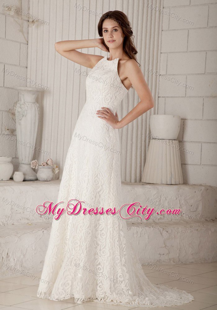 Lace Flowers Column Brush Train Wedding Gowns with Unique Jacket