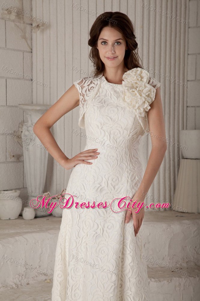 Lace Flowers Column Brush Train Wedding Gowns with Unique Jacket