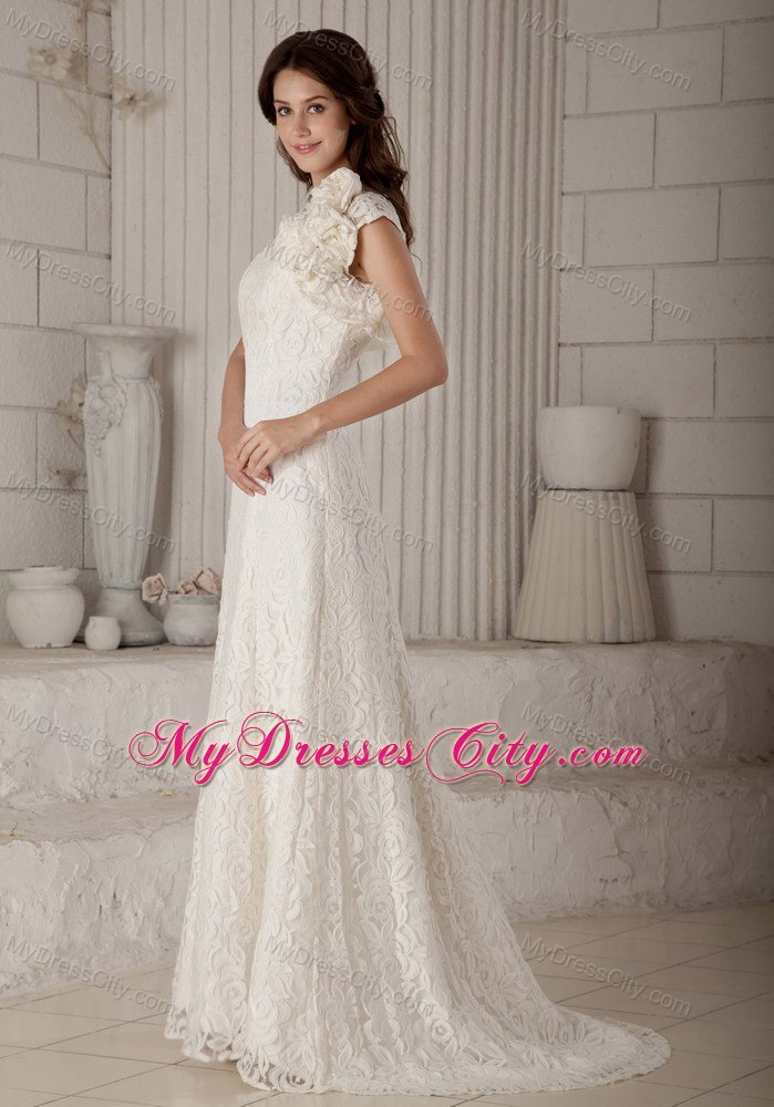 Lace Flowers Column Brush Train Wedding Gowns with Unique Jacket