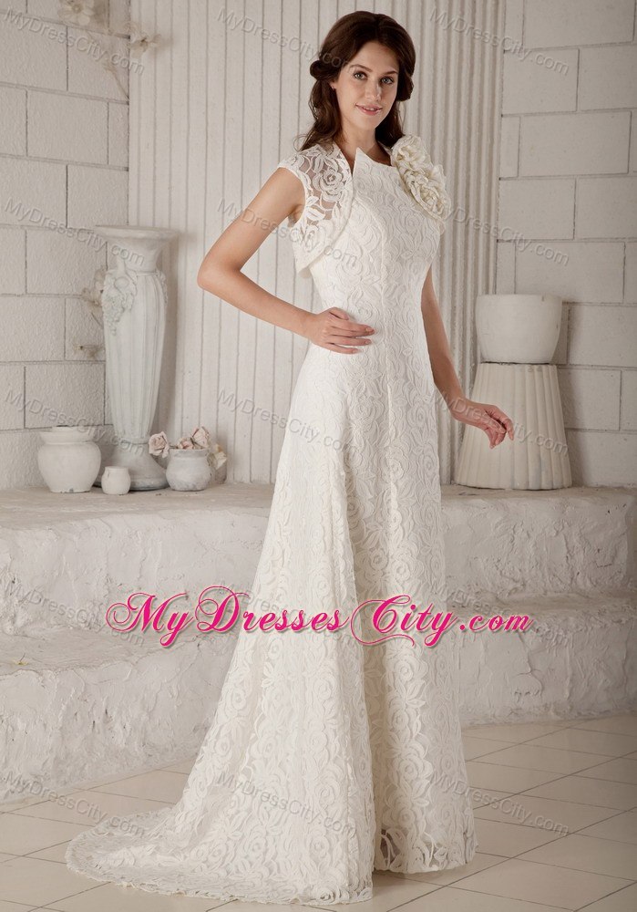 Lace Flowers Column Brush Train Wedding Gowns with Unique Jacket