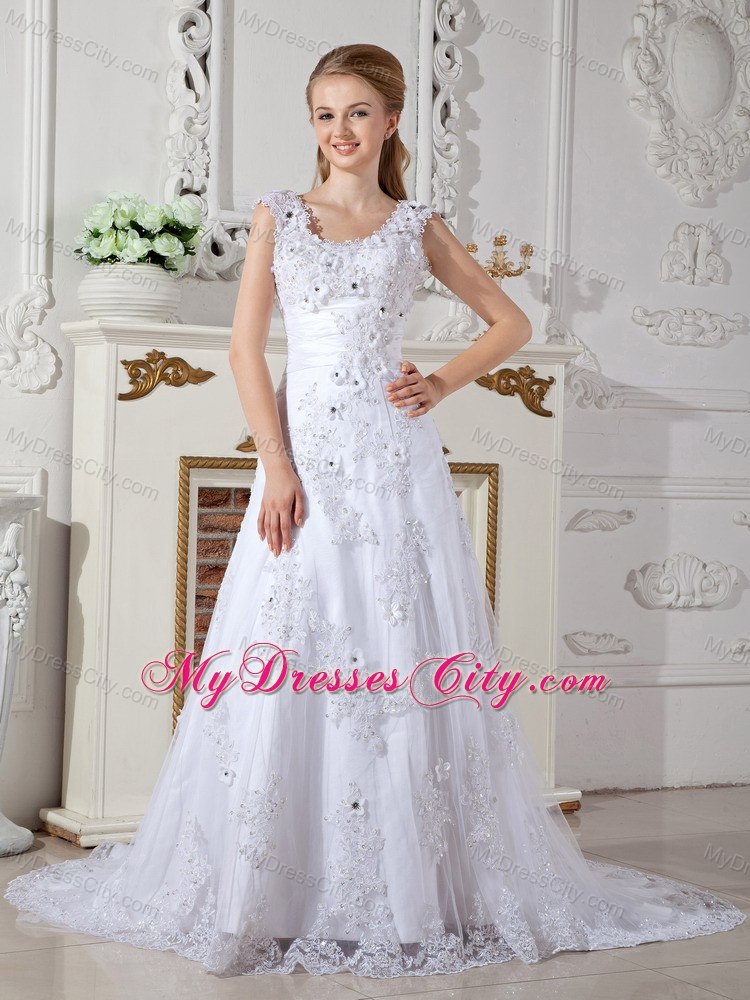 Scoop Beading Lace Flowers A-line Wedding Dresses with Back Out