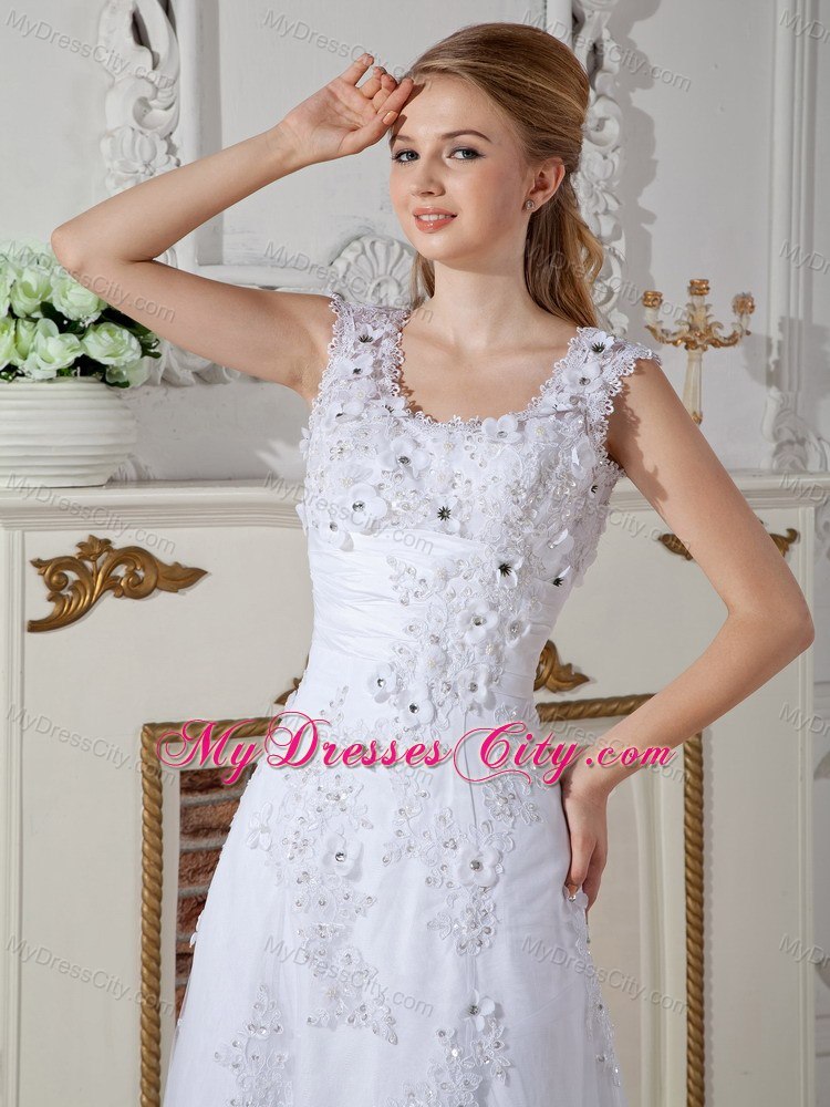 Scoop Beading Lace Flowers A-line Wedding Dresses with Back Out