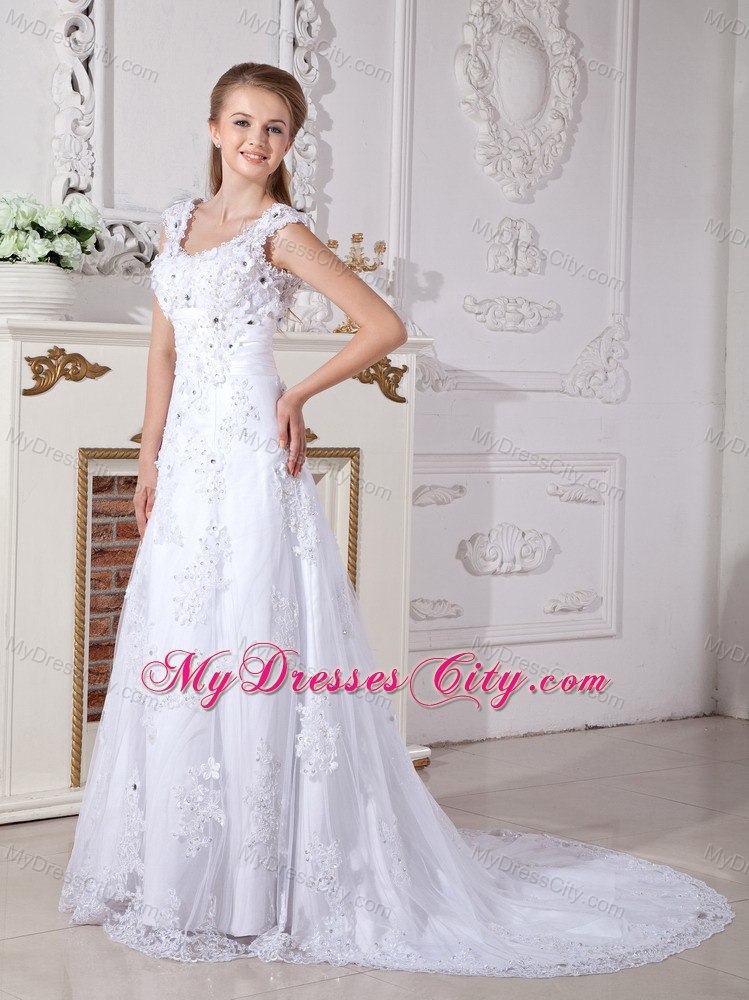 Scoop Beading Lace Flowers A-line Wedding Dresses with Back Out