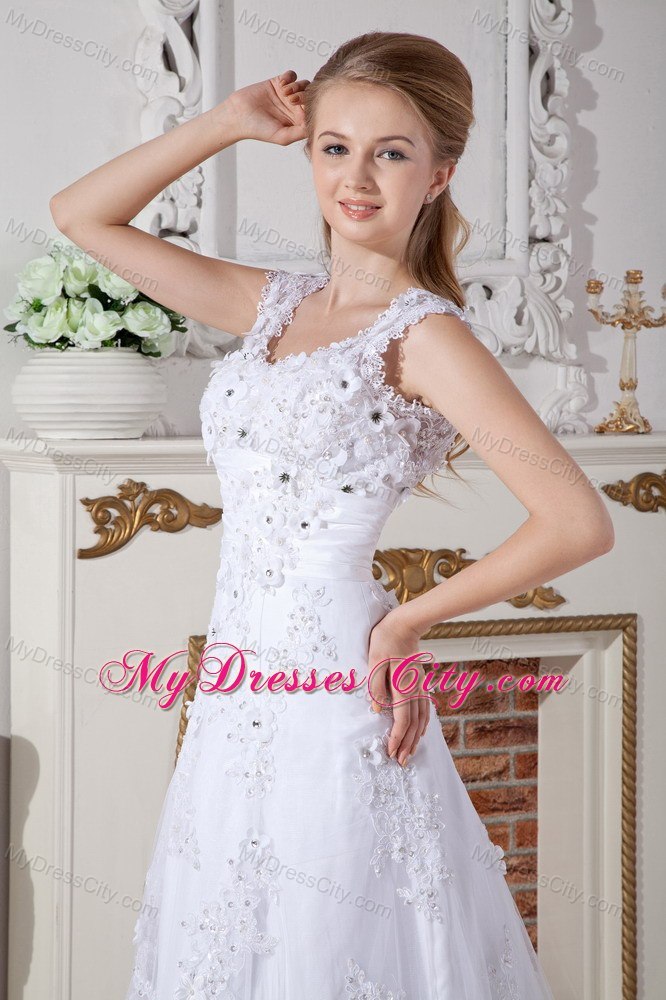 Scoop Beading Lace Flowers A-line Wedding Dresses with Back Out