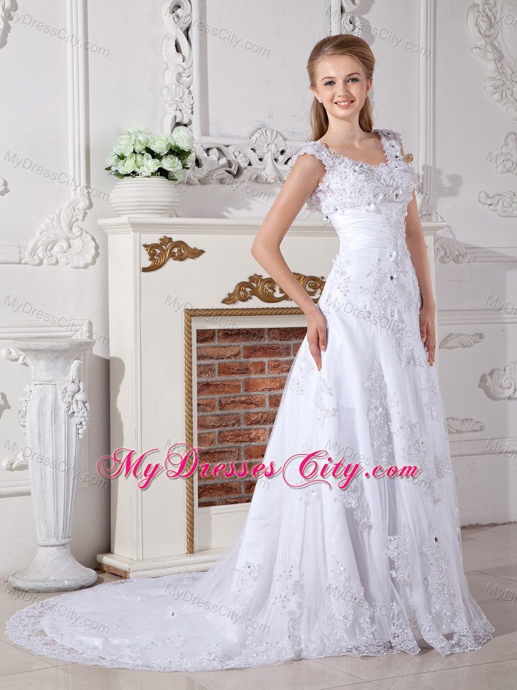 Scoop Beading Lace Flowers A-line Wedding Dresses with Back Out