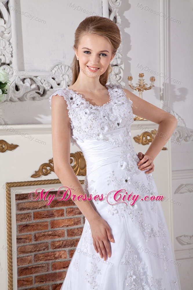 Scoop Beading Lace Flowers A-line Wedding Dresses with Back Out