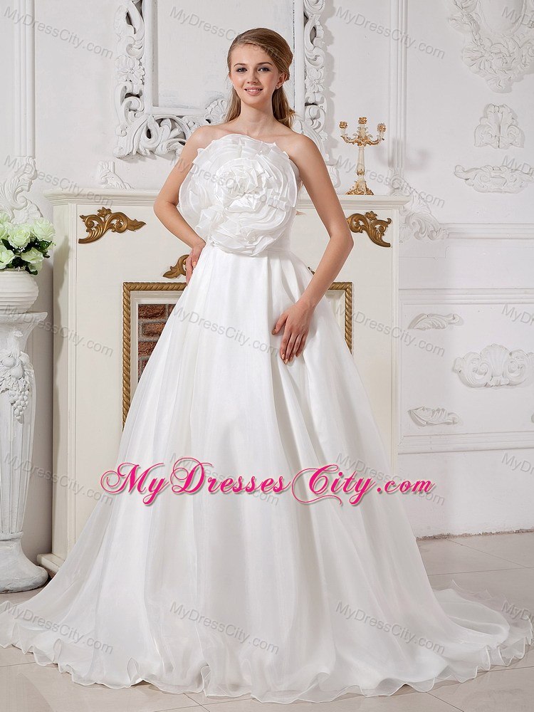 A-line Strapless Big Hand Made Flower Ruching Wedding Dress