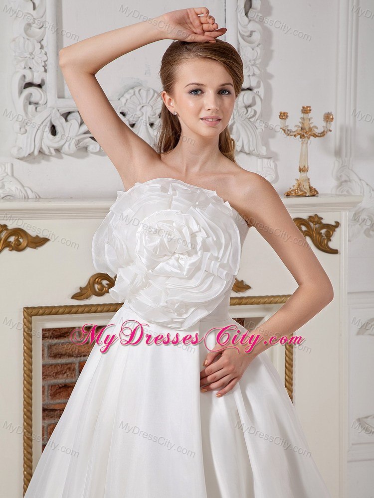 A-line Strapless Big Hand Made Flower Ruching Wedding Dress