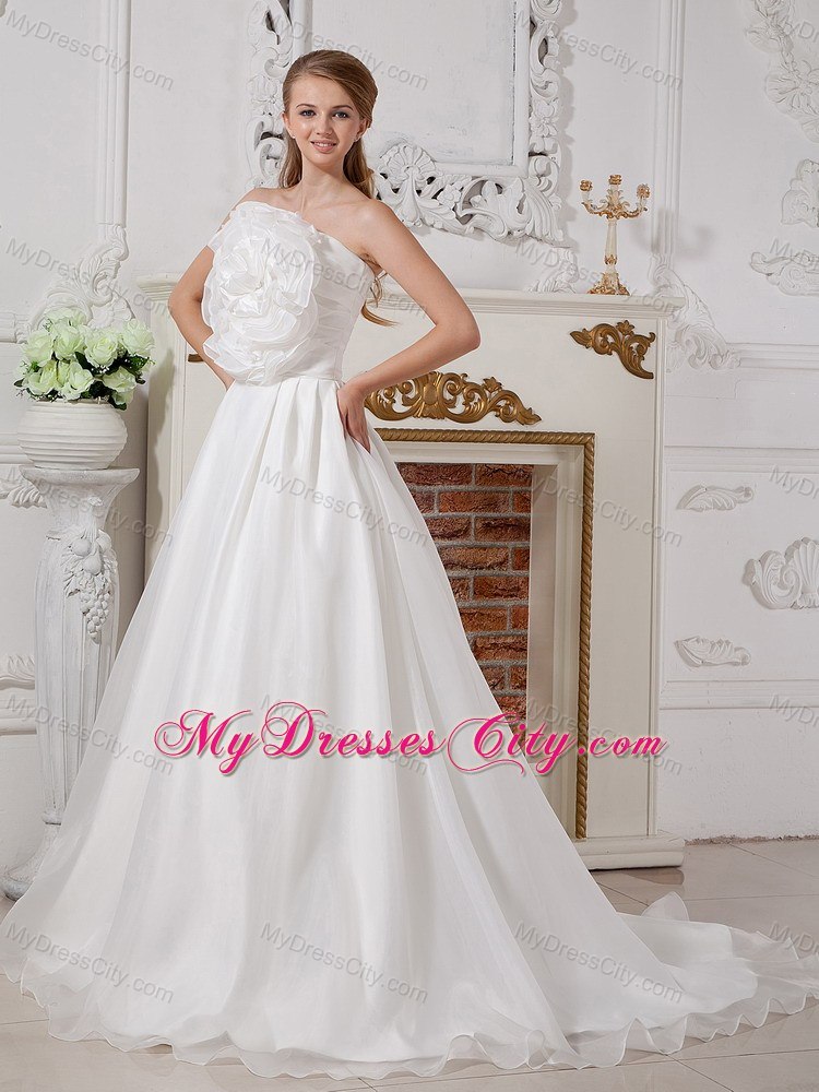 A-line Strapless Big Hand Made Flower Ruching Wedding Dress