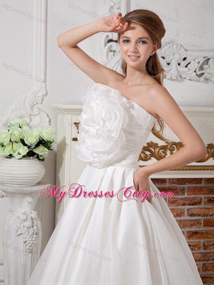 A-line Strapless Big Hand Made Flower Ruching Wedding Dress