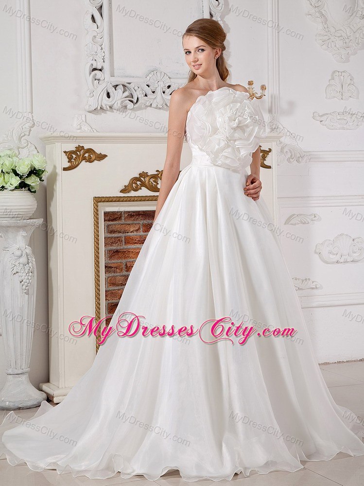 A-line Strapless Big Hand Made Flower Ruching Wedding Dress