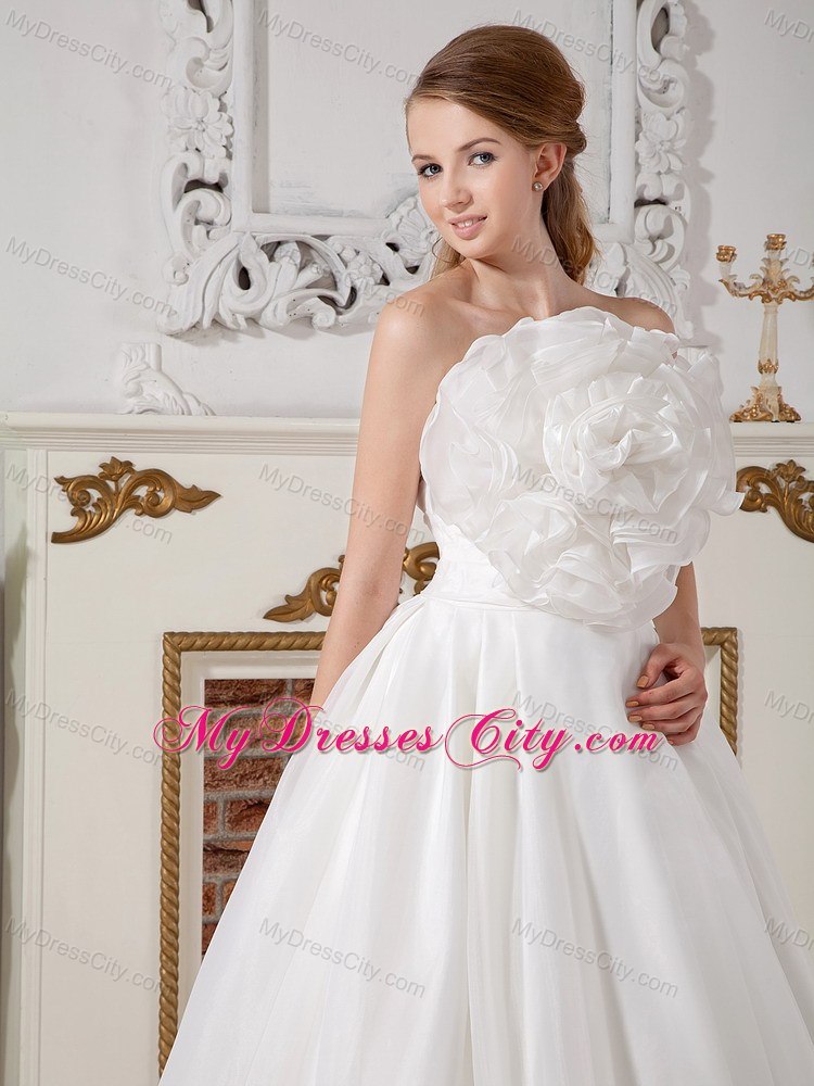 A-line Strapless Big Hand Made Flower Ruching Wedding Dress