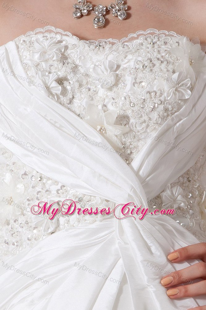 Clasp Handle Flowers Court Train Bridal Dress with Criss Cross in Front