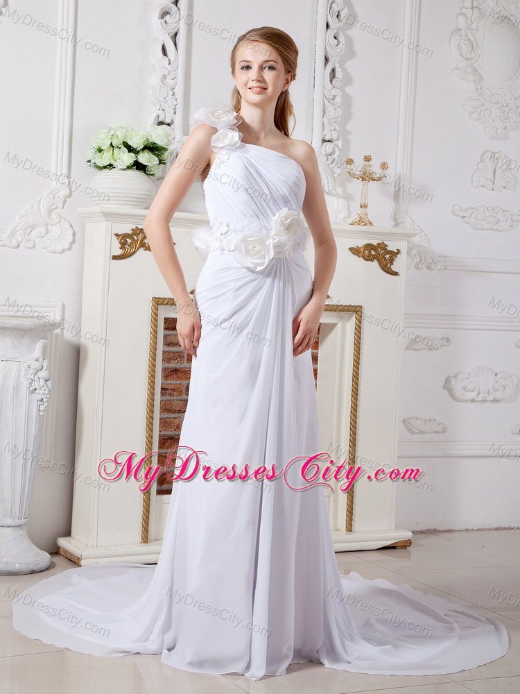 Hand Made Flowers One Shoulder Chiffon Chapel Train Wedding Dresses