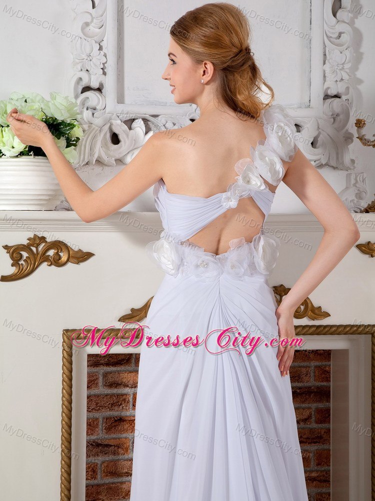 Hand Made Flowers One Shoulder Chiffon Chapel Train Wedding Dresses