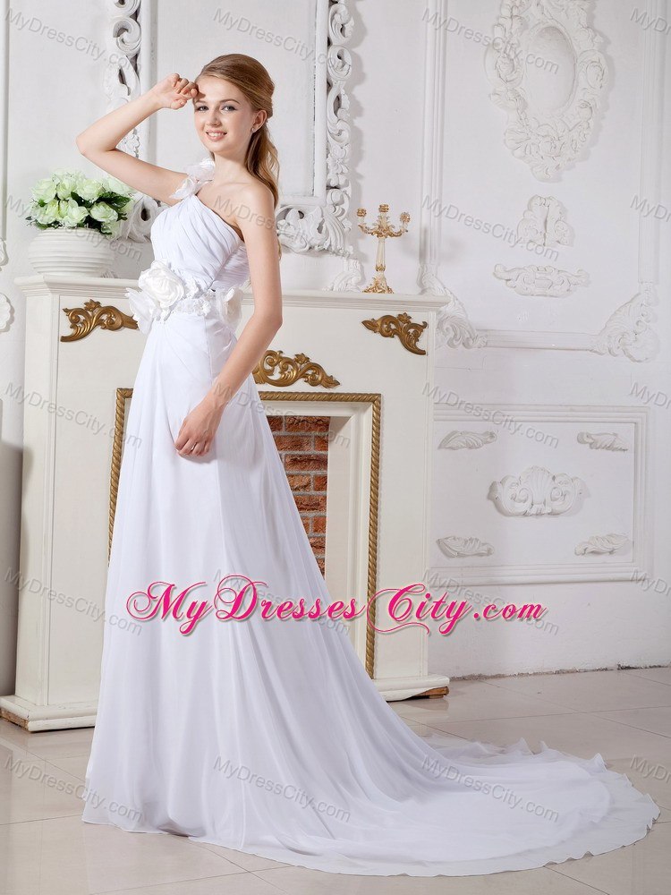 Hand Made Flowers One Shoulder Chiffon Chapel Train Wedding Dresses