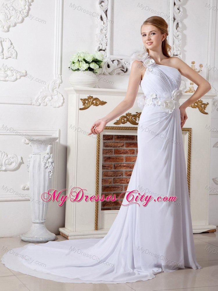 Hand Made Flowers One Shoulder Chiffon Chapel Train Wedding Dresses