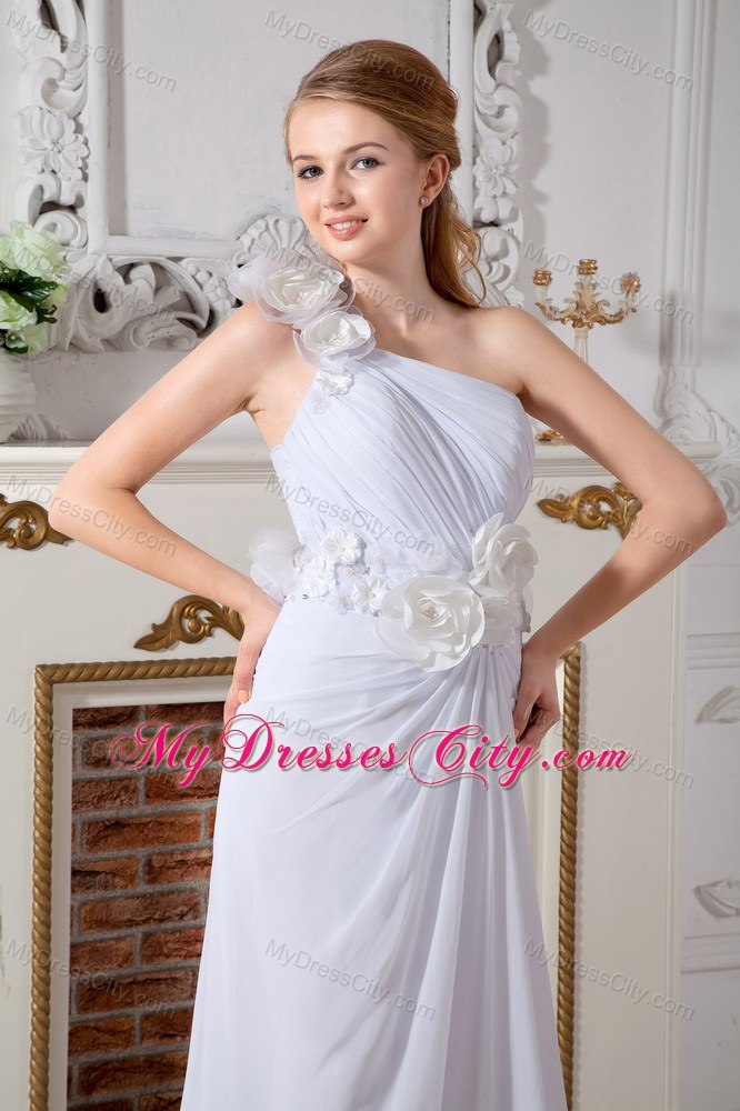 Hand Made Flowers One Shoulder Chiffon Chapel Train Wedding Dresses