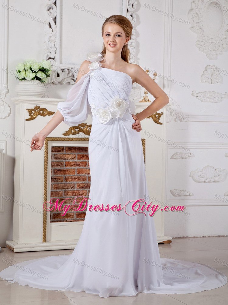 Hand Made Flowers One Shoulder Chiffon Chapel Train Wedding Dresses