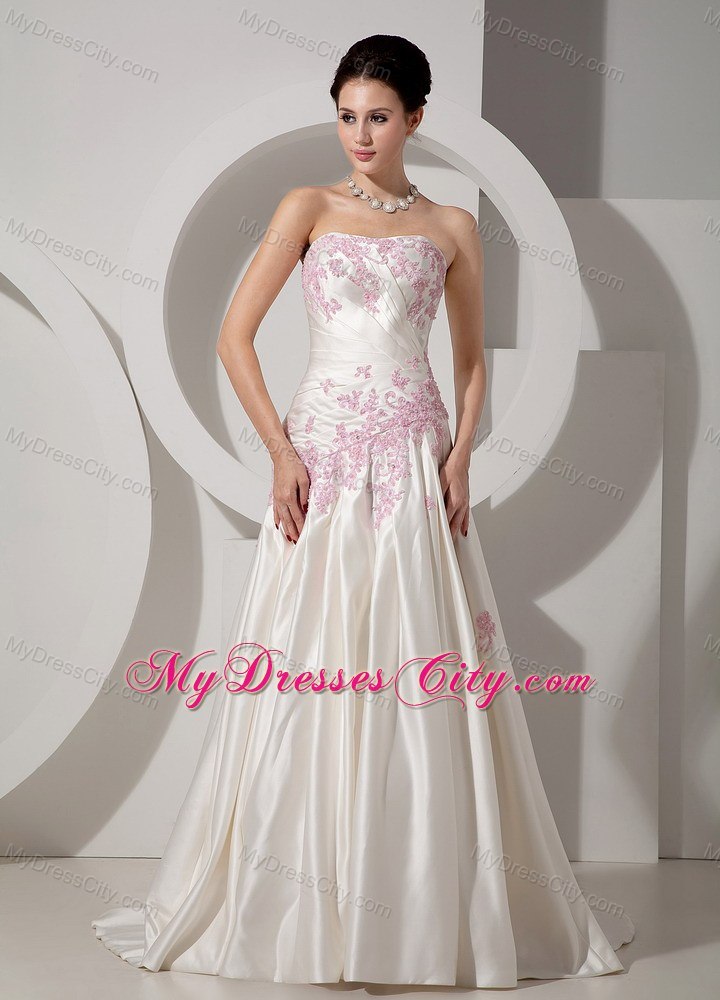 Strapless Ruched Court Train Wedding Dress with Pink Beaded Appliques