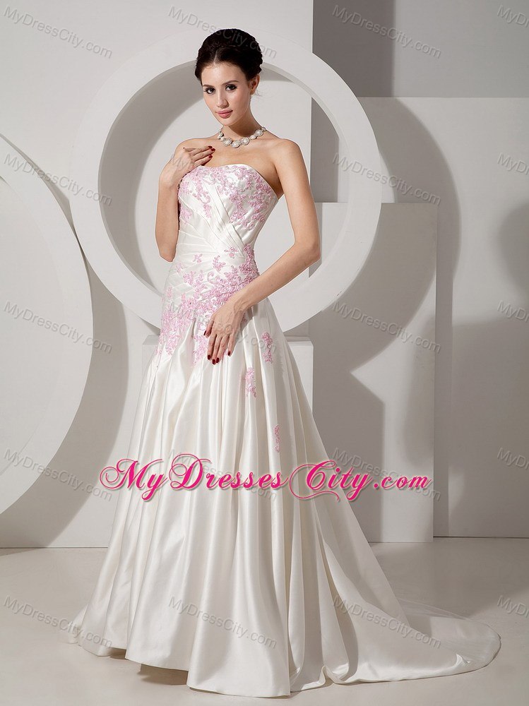 Strapless Ruched Court Train Wedding Dress with Pink Beaded Appliques