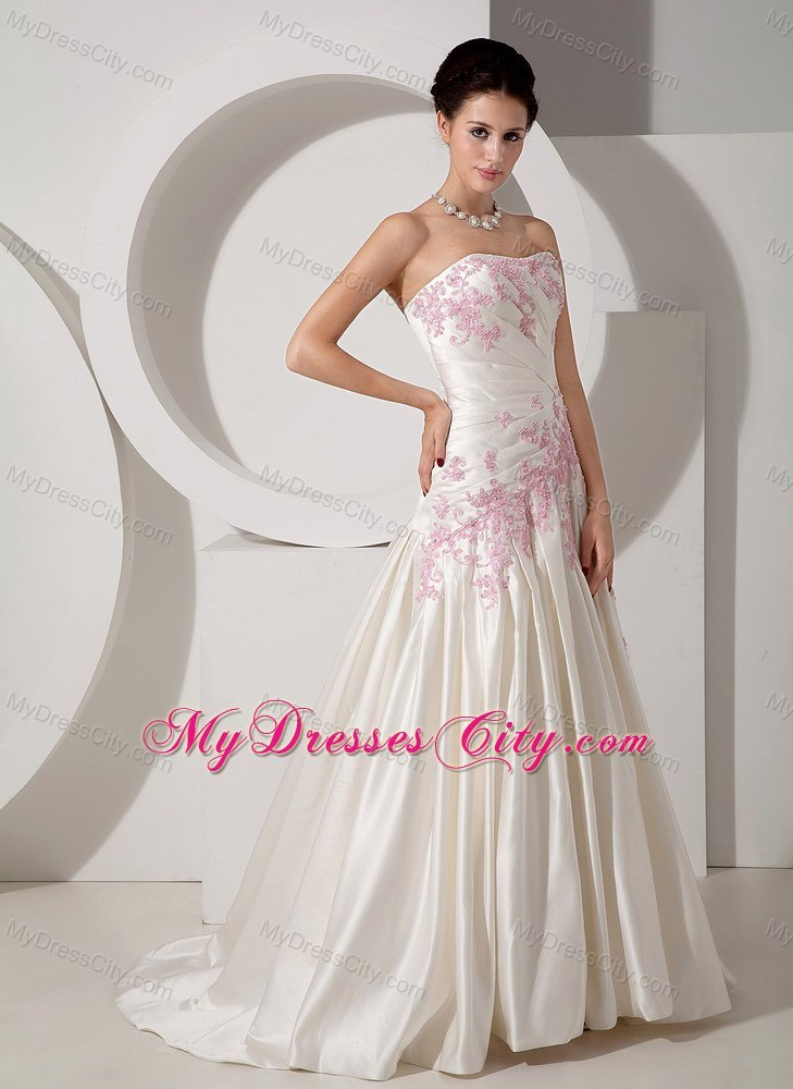 Strapless Ruched Court Train Wedding Dress with Pink Beaded Appliques