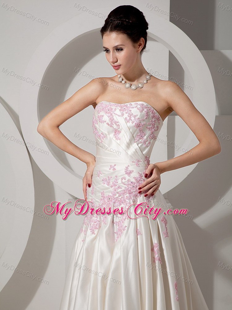 Strapless Ruched Court Train Wedding Dress with Pink Beaded Appliques