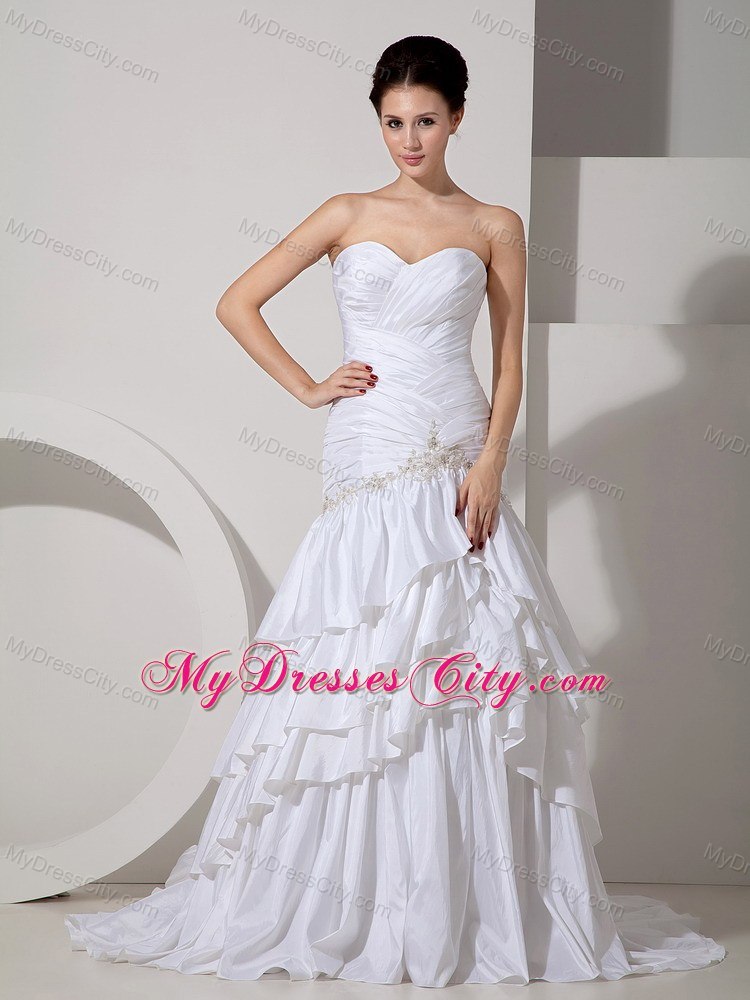 Mermaid Appliques and Ruffled Layers Sweetheart Court Train Bridal Gowns