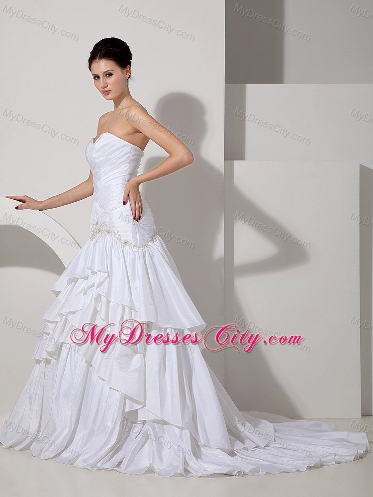 Mermaid Appliques and Ruffled Layers Sweetheart Court Train Bridal Gowns