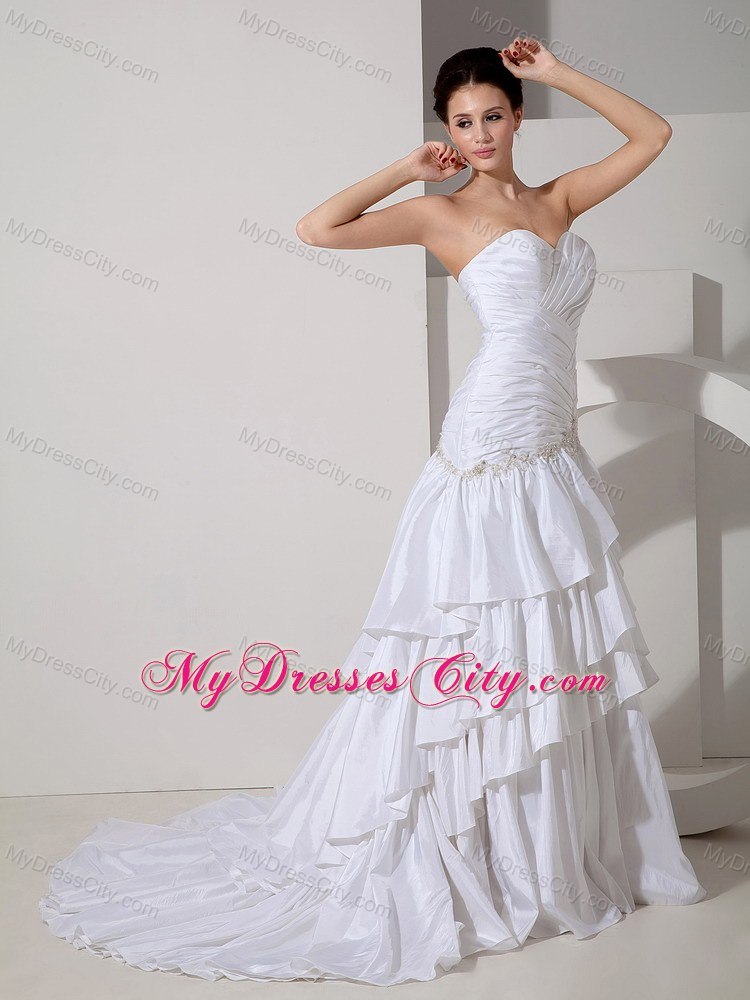 Mermaid Appliques and Ruffled Layers Sweetheart Court Train Bridal Gowns