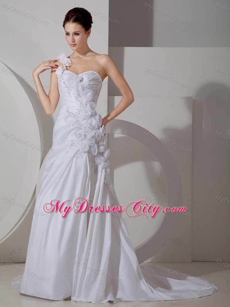 Hand Made Flowers One Shoulder Court Train Bridal Gown with Beaded Appliques