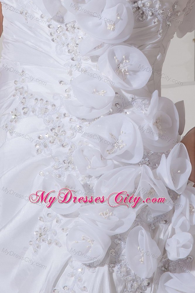 Hand Made Flowers One Shoulder Court Train Bridal Gown with Beaded Appliques