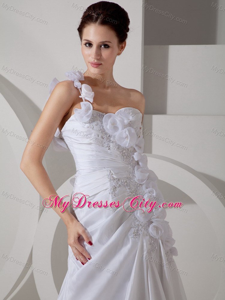 Hand Made Flowers One Shoulder Court Train Bridal Gown with Beaded Appliques