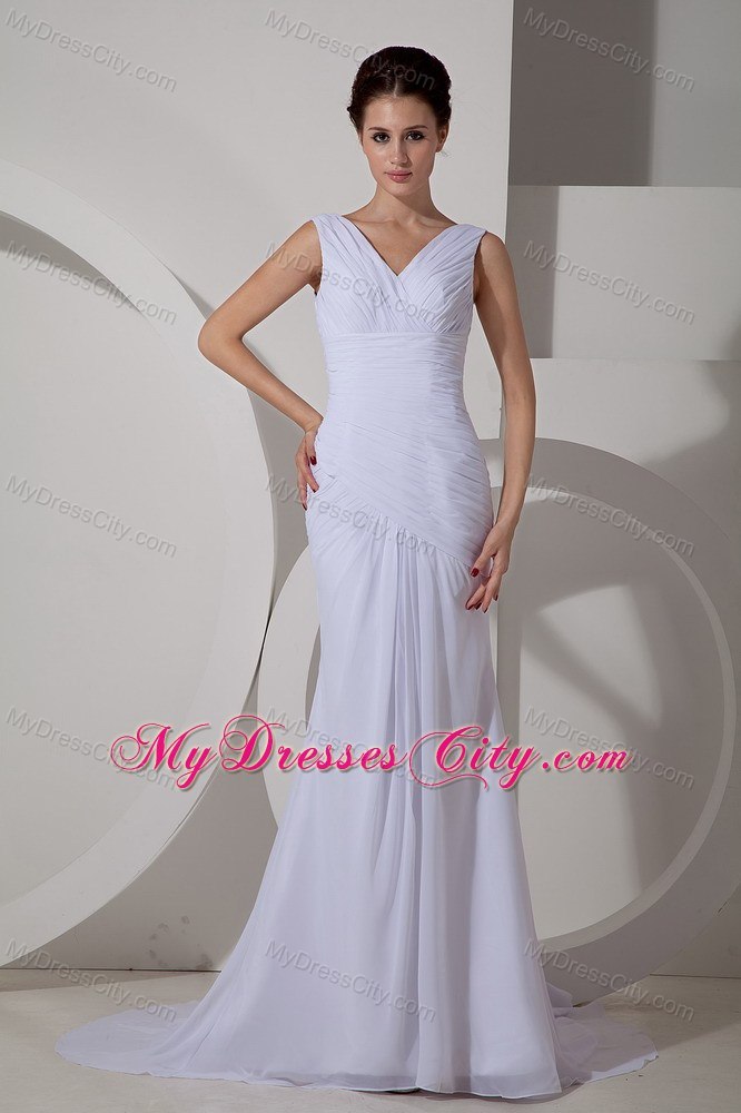 Chiffon Ruched Simple Bridal Dresses with V-neck and Court Train