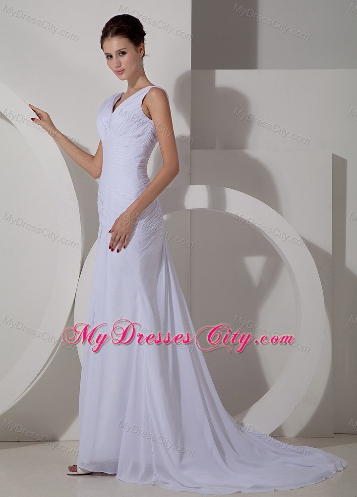 Chiffon Ruched Simple Bridal Dresses with V-neck and Court Train