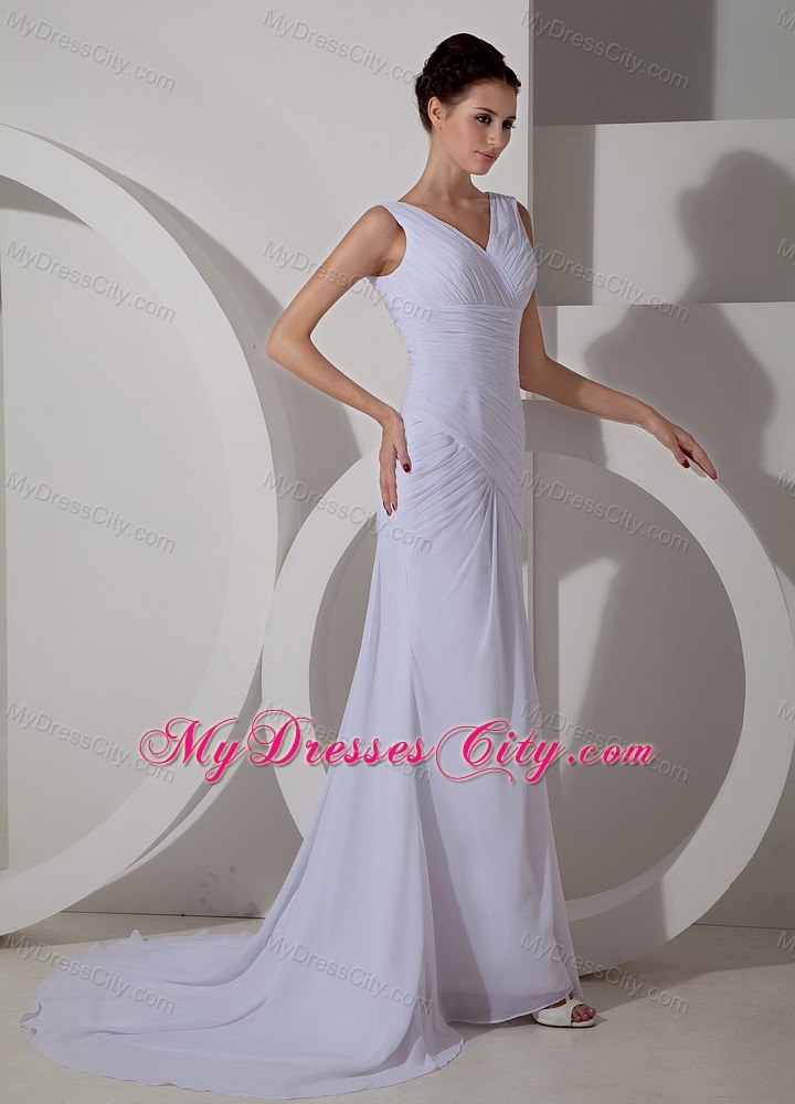 Chiffon Ruched Simple Bridal Dresses with V-neck and Court Train